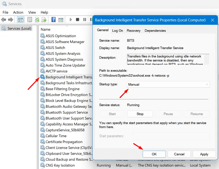 Configure BITS en Manual en Windows 11