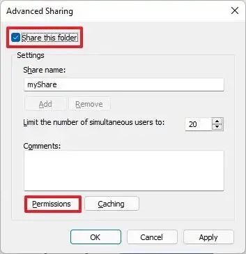 Configurações de compartilhamento de pastas do Windows 11
