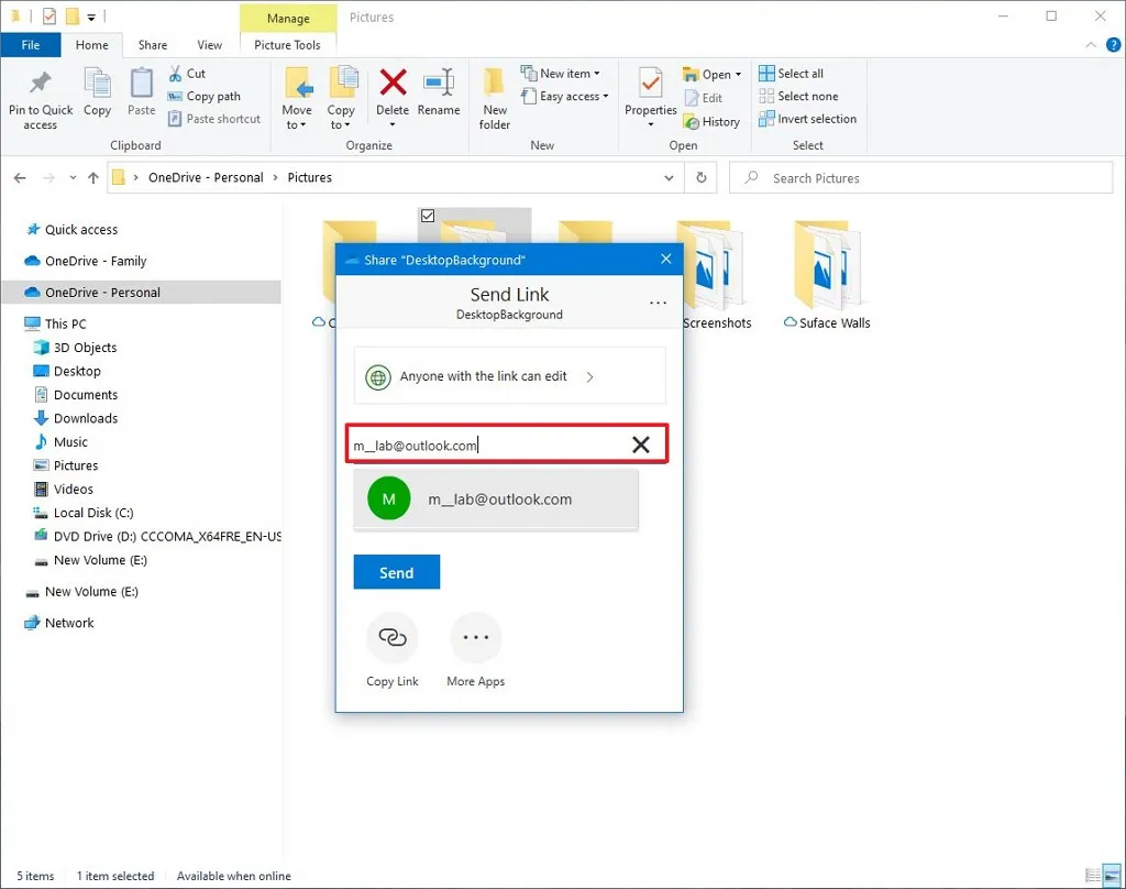 Opções de compartilhamento do OneDrive no Windows 10