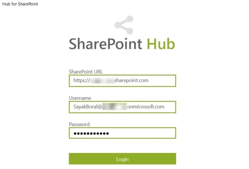 SharePoint-Anmeldung mit dem Hub für SharePoint-Dienstprogramm.