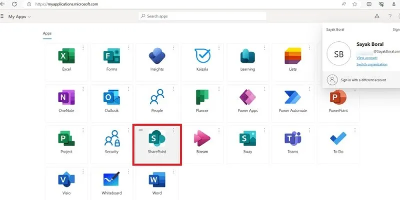 Sélection de l'application SharePoint dans le portail Mes applications de Microsoft.