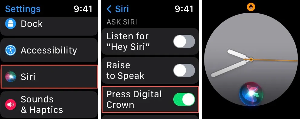 Siri Appuyez sur le paramètre Digital Crown sur Apple Watch pour atteindre Siri