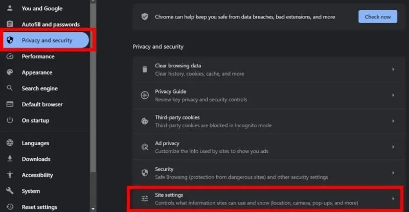 Clique em Configurações do site na guia Privacidade e segurança no Chrome