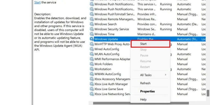 Uruchamianie usługi Windows Update.