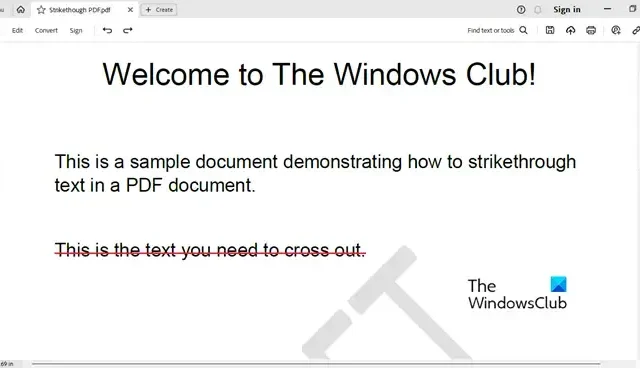 Windows 11/10でPDF文書内のテキストに取り消し線を引く方法