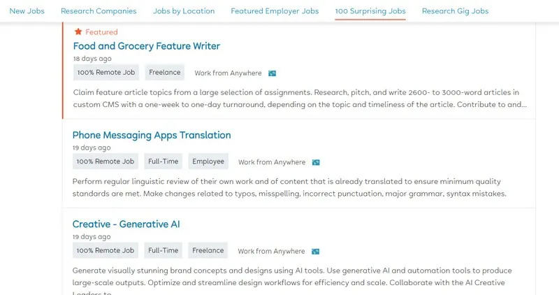 Abschnitt „Überraschende Jobs“ auf der Flexjobs-Website