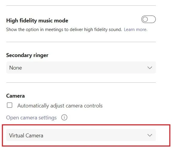 Comprobar si está seleccionada la cámara correcta en la aplicación de escritorio de Microsoft Teams.