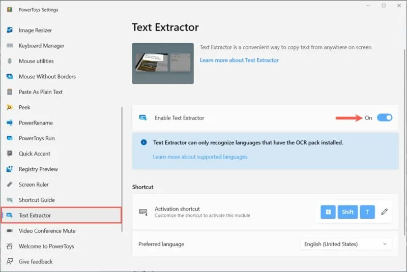 Configurações do extrator de texto no Microsoft PowerToys