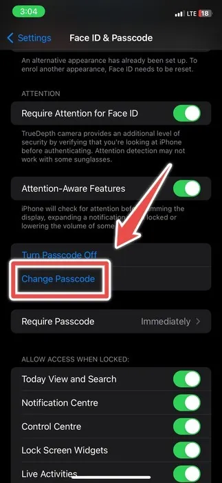 L'opzione Cambia passcode nelle impostazioni Face ID di un Iphone