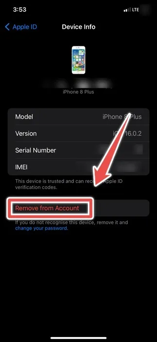 A opção Remover da conta na página de informações do dispositivo de um iPhone