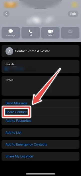 L'opzione Condividi contatto su Iphone