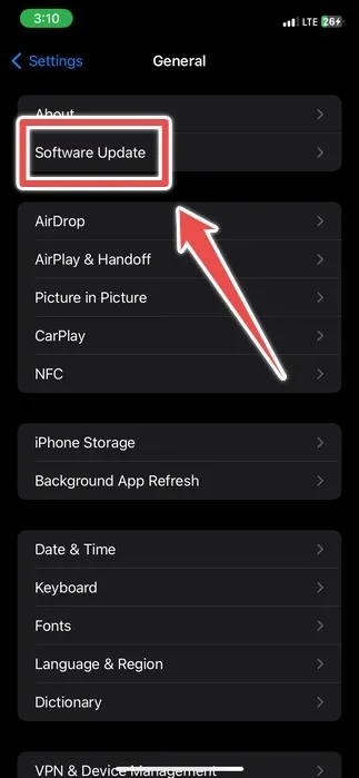 A opção de atualização de software nas configurações gerais de um iPhone