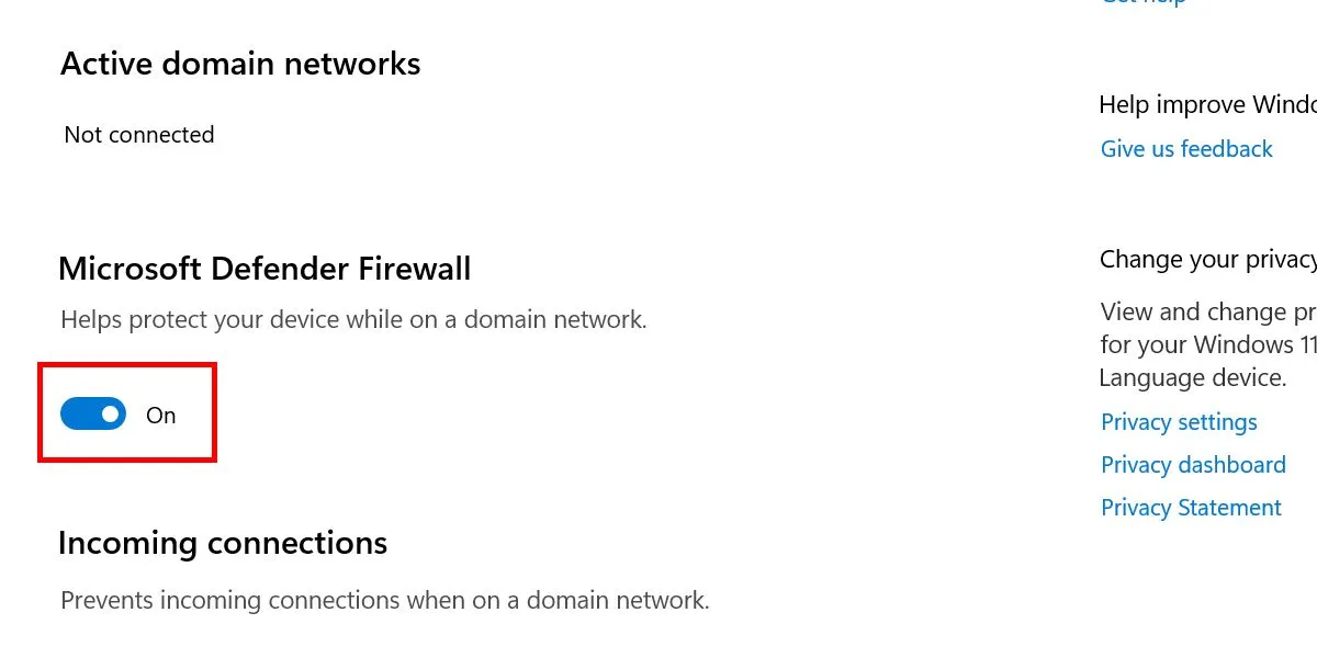 De Microsoft Defender Firewall-schakelaar uitschakelen in de Windows Security-app.