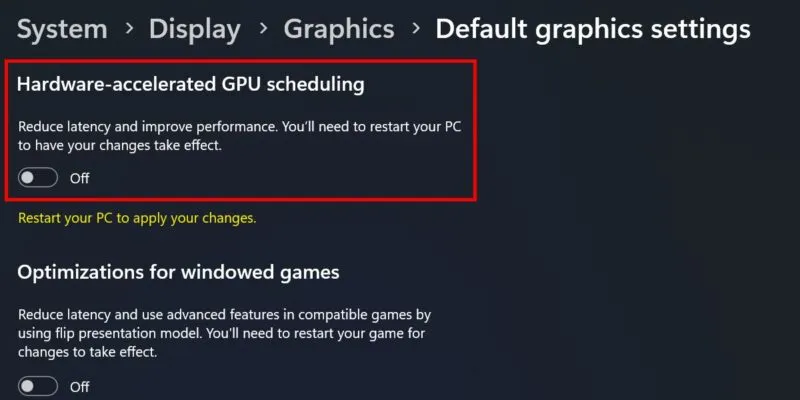 Désactivation de la planification GPU accélérée par le matériel via les paramètres Windows.
