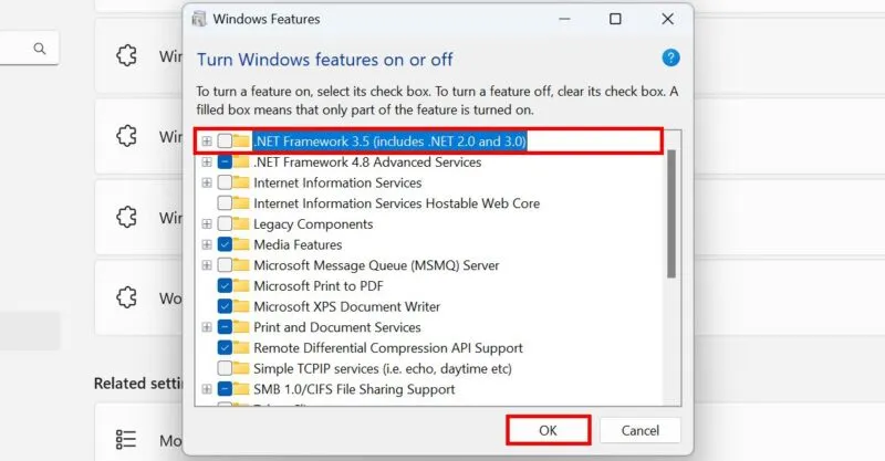 Désactivation de .NET Framework 3.5 à partir des fonctionnalités Windows.
