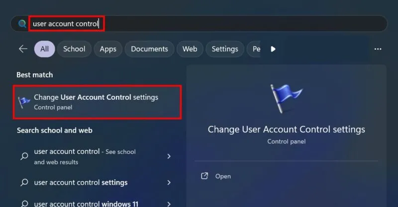 Apertura delle impostazioni di Controllo dell'account utente utilizzando Windows Search.