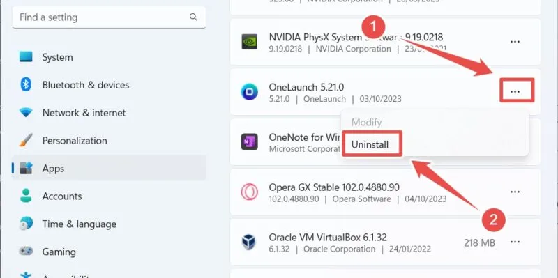 Disinstallazione di OneLaunch dalle app installate nelle Impostazioni di Windows.