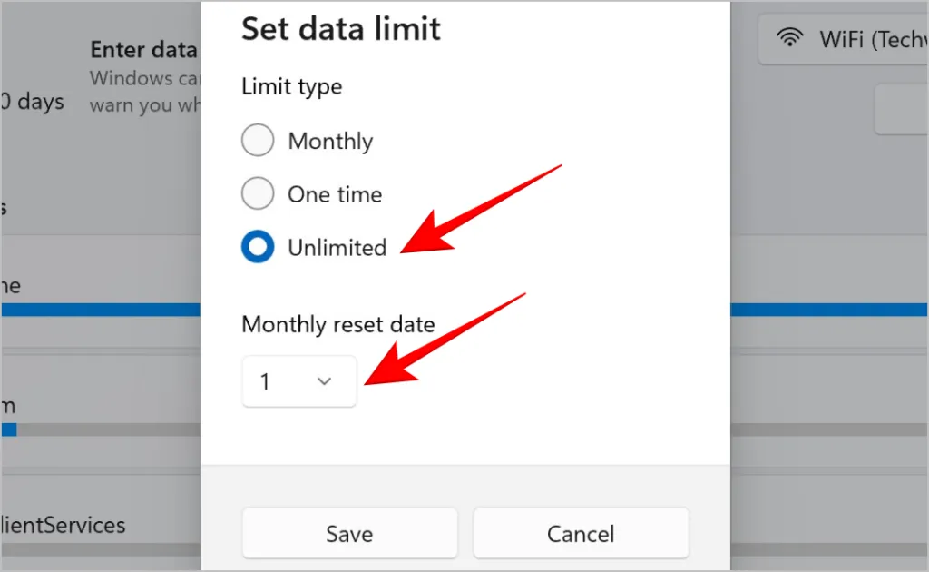 Windows での無制限のデータ制限タイプ