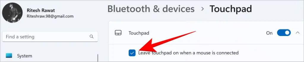 Option, das Touchpad ein-/auszuschalten, wenn eine Maus angeschlossen ist