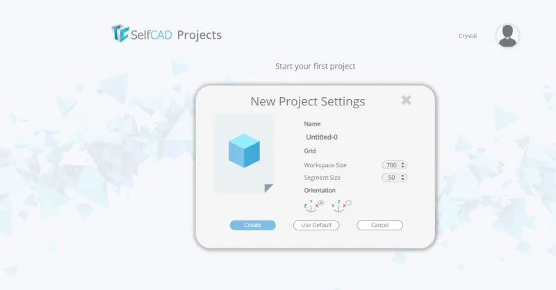 SelfCAD neue Projekt-Setup-Einstellungen.