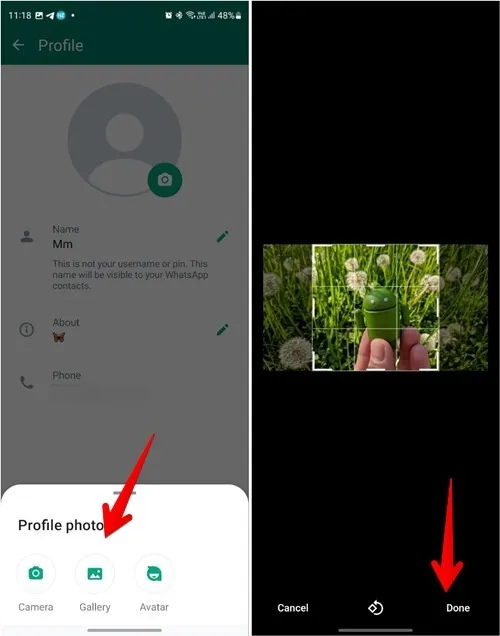 Auswählen eines Profilbilds aus der Galerie in der WhatsApp-Android-App.