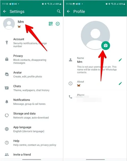 Tippen Sie in der WhatsApp-Android-App auf das Kamerasymbol neben dem leeren Profilbild.