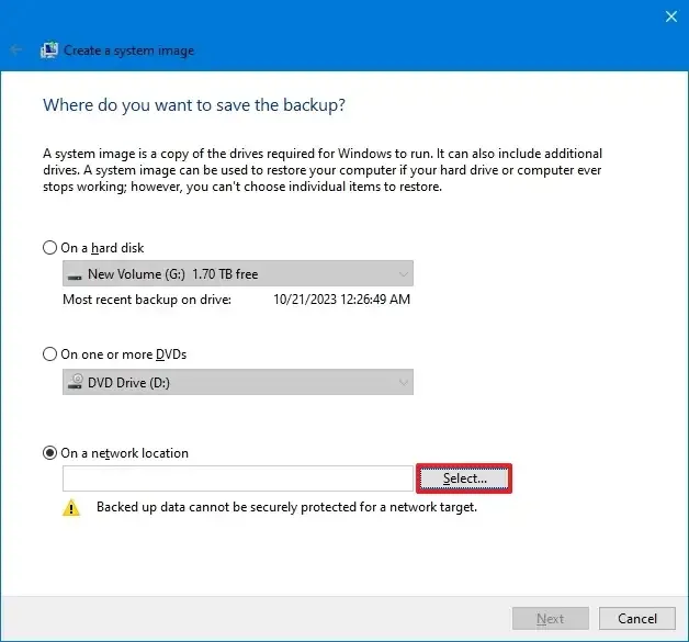Destinazione di rete di backup di Windows 10