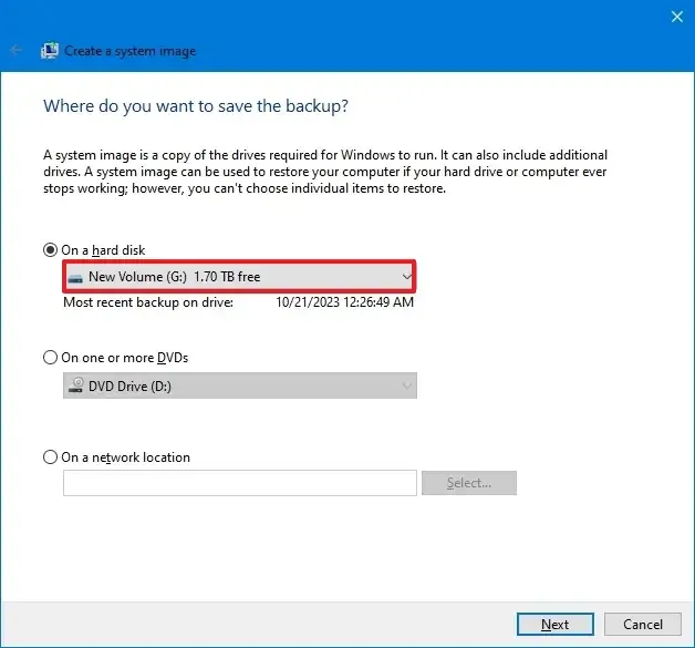 Destinazione USB di backup di Windows 10