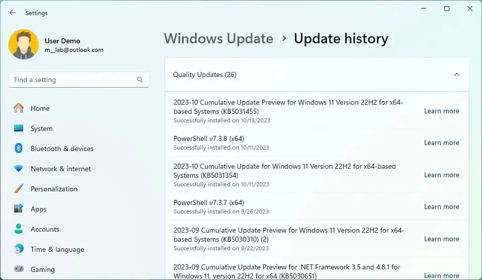 Histórico de atualização do Windows