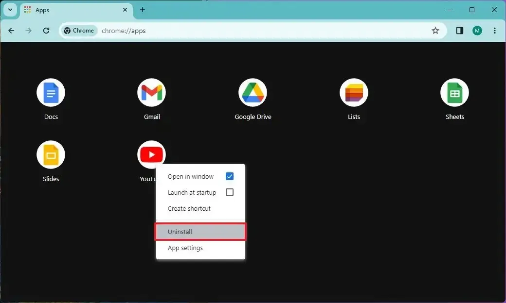 Chrome desinstalar o aplicativo YouTube