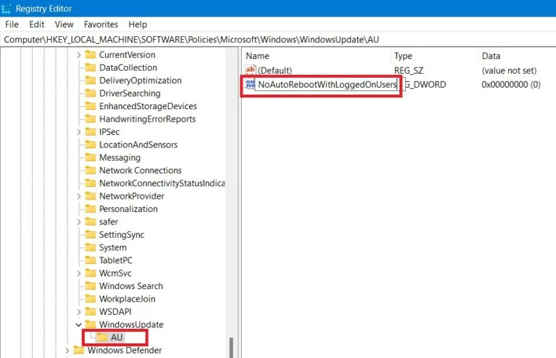 NoAutoReboot- und AU-Einträge im Registrierungseditor unter dem WindowsUpdate-Schlüssel.
