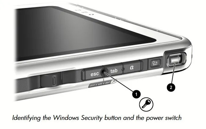 Bouton de sécurité Windows affiché sur une tablette HP Compaq.