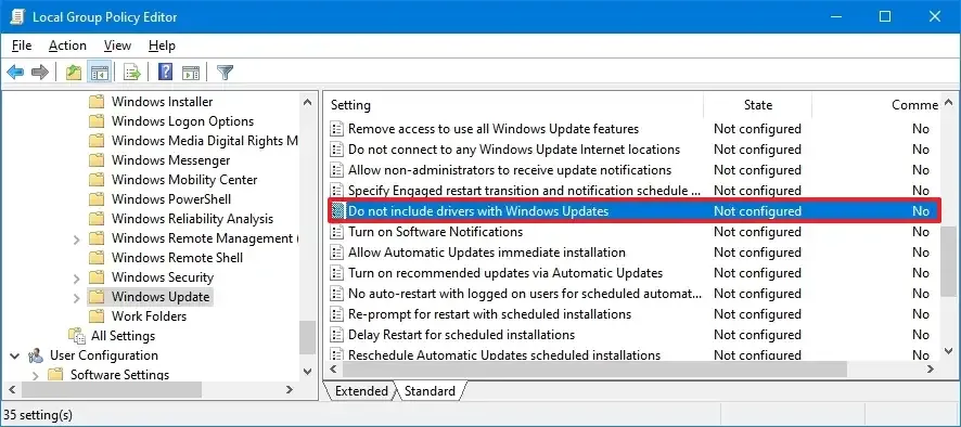 Editor voor lokaal groepsbeleid Windows Update-beleid