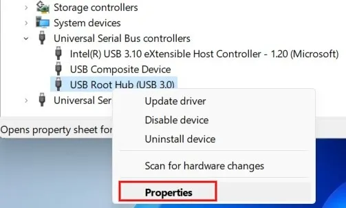 Wählen Sie „Eigenschaften“ für „USB Serial Bus Controller“ im Kontextmenü im Geräte-Manager.