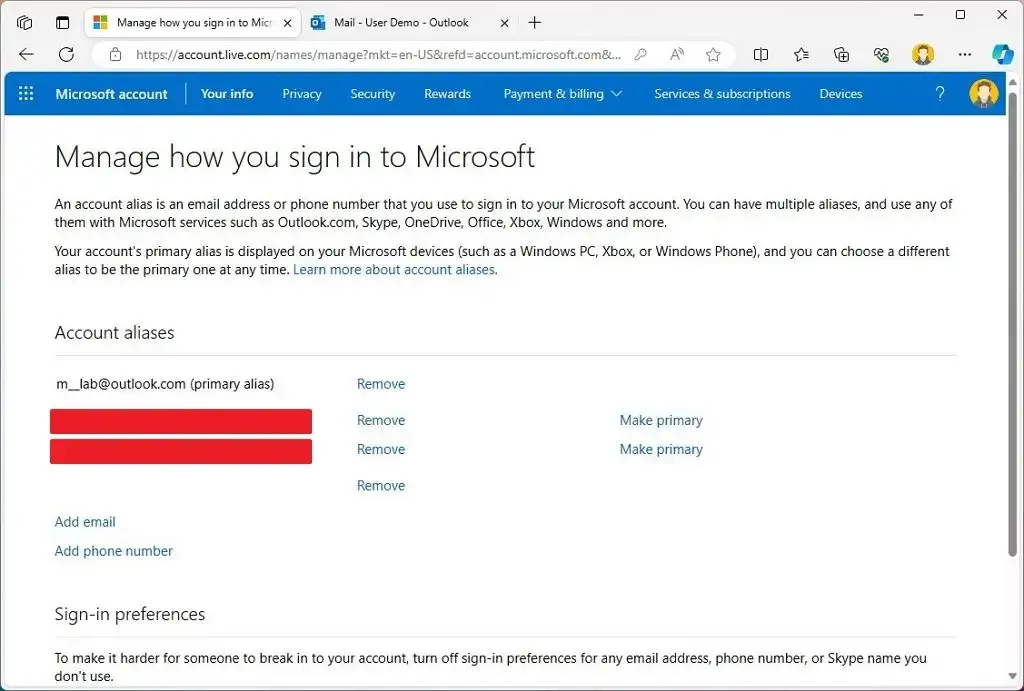 Option zum Hinzufügen eines neuen Alias ​​für ein Microsoft-Konto