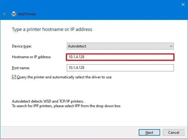 Windows 10 aggiunge l'indirizzo IP della stampante