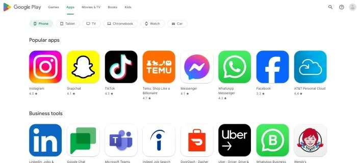 Captura de tela da seção de aplicativos populares da Google Play Store.