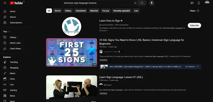 YouTube での ASL レッスン