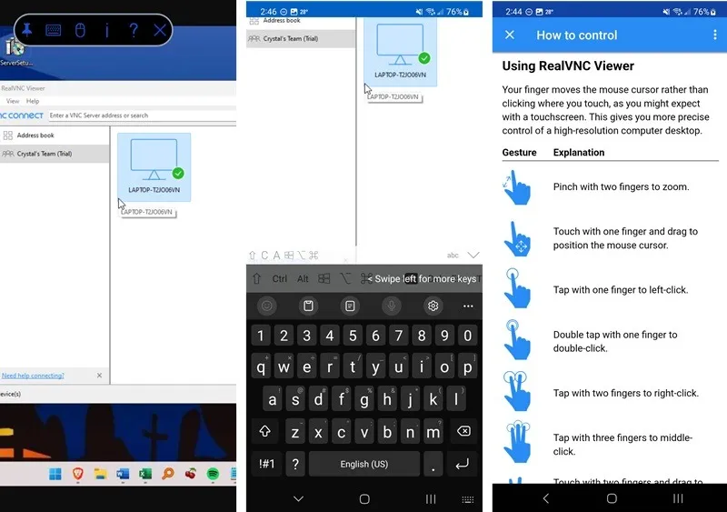 Aplicativo RealVNC mostrando exemplos de como controlar um PC Windows com um dispositivo Android.