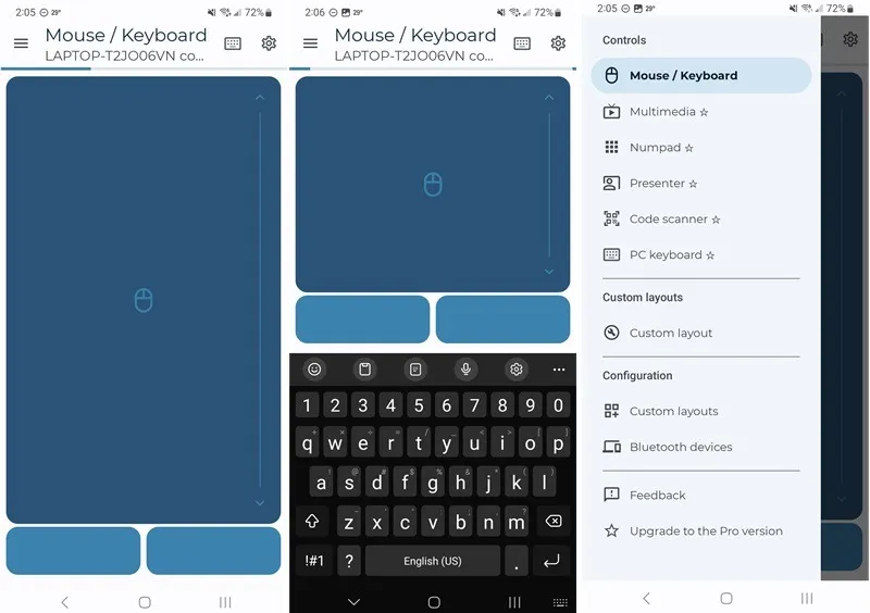 Tre schermate che mostrano i controlli del mouse e della tastiera nell'app Tastiera e mouse Bluetooth serverless.