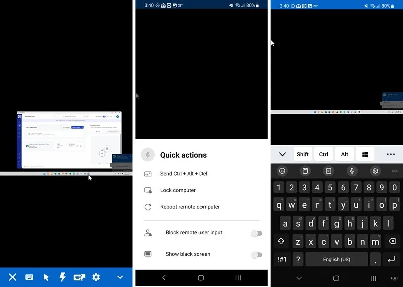 App Android TeamViewer che mostra una connessione remota a Windows.