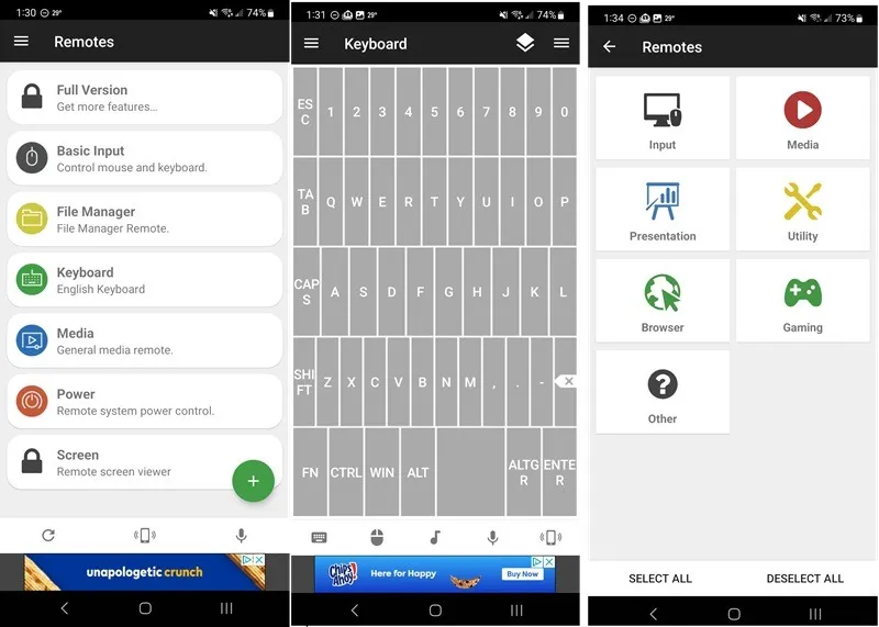 Trzy ekrany przedstawiające piloty w aplikacji Unified Remote na Androida.