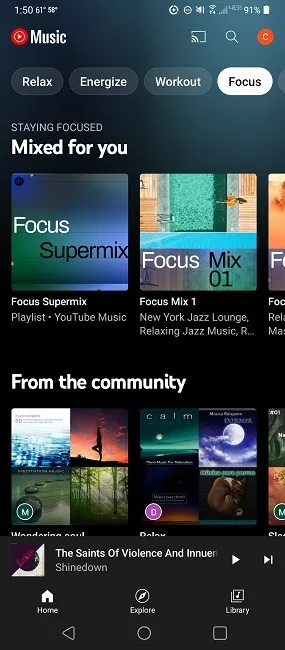 Aplicativo Android do YouTube Music com mixagens personalizadas.