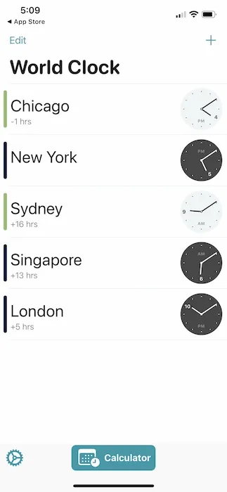 Lijst met locaties in World Time Clock Widget