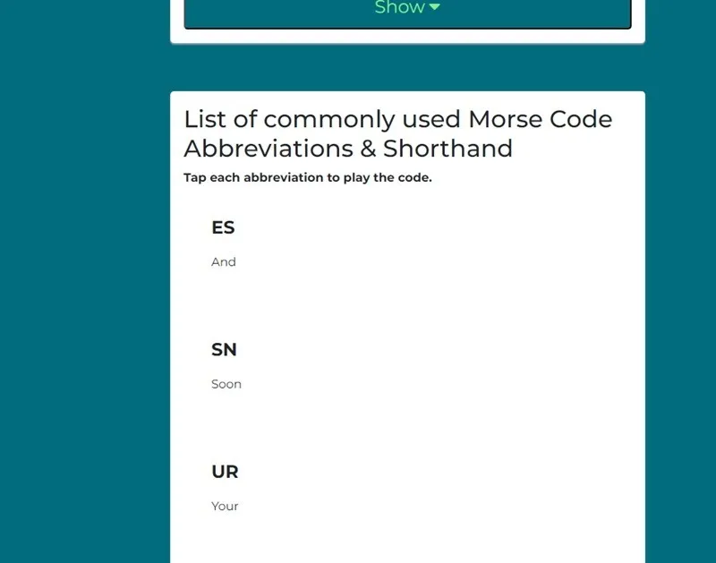 Liste der Kurzschriftcodes von MorseFree.