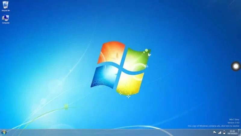 Web ブラウザ エミュレータでの Windows 7 デスクトップ ビュー。