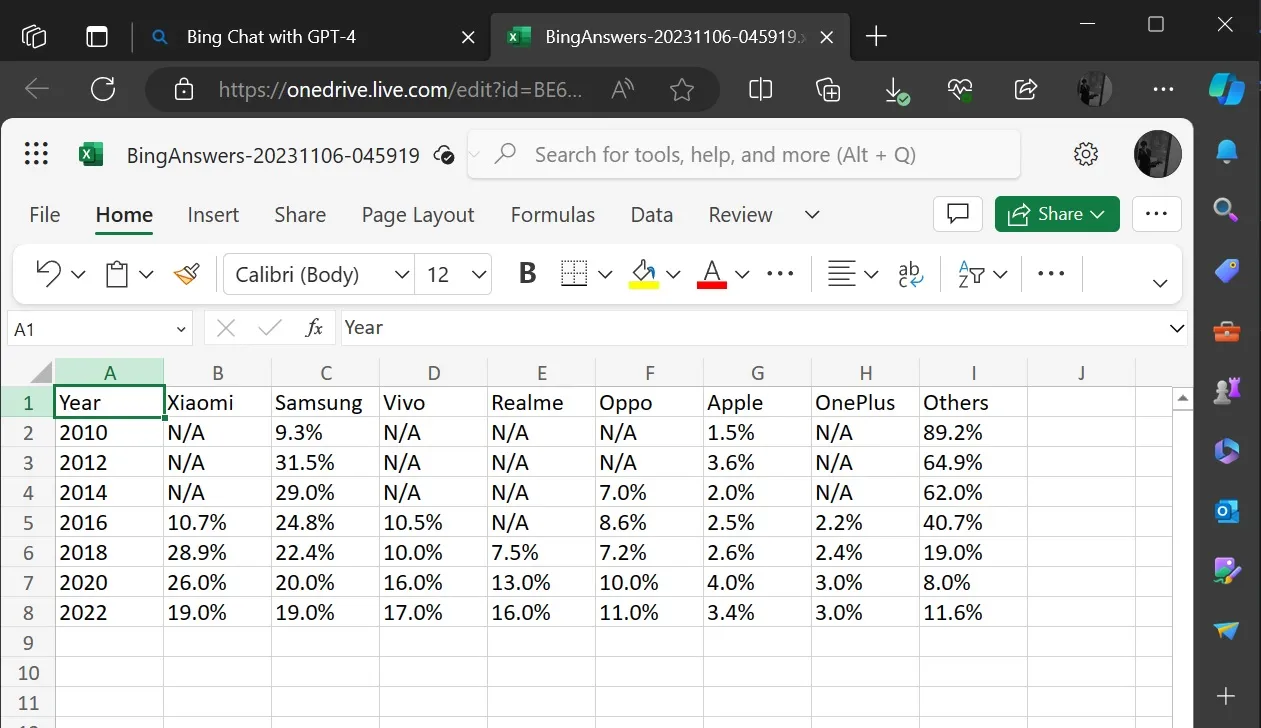 Bing mit Excel
