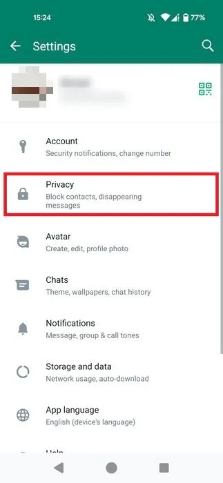 Privacidad en Configuración en WhatsApp para Android.