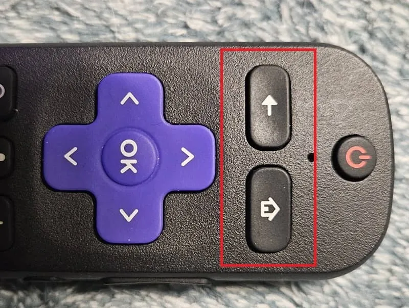 Um close dos botões traseiro e inicial de um controle remoto Roku.