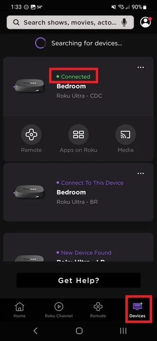 Lista de dispositivos disponíveis no aplicativo móvel Roku.